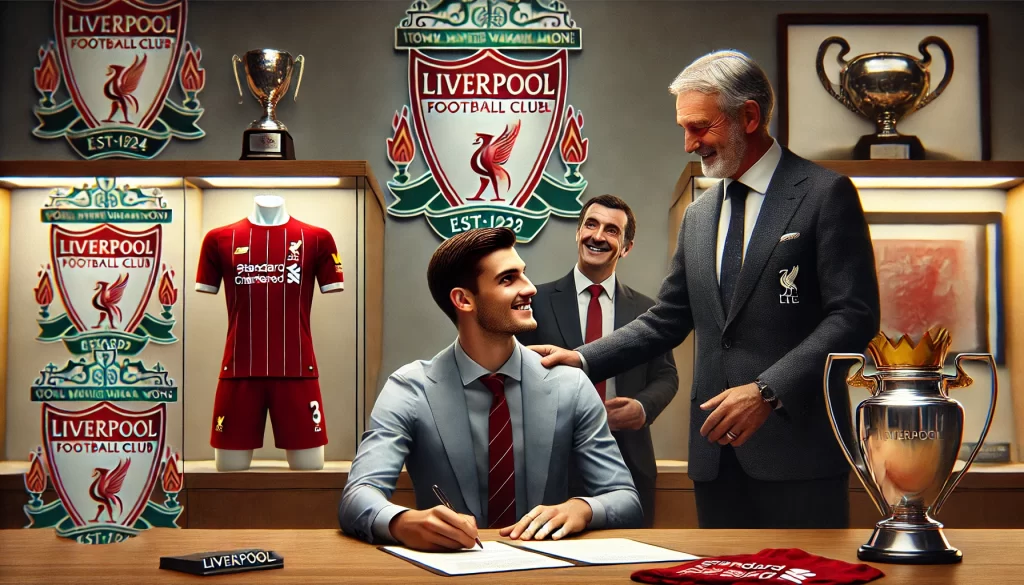 A footballer signing a new contract with Liverpool. The scene shows the player in a smart outfit, for Liverpool Football Club