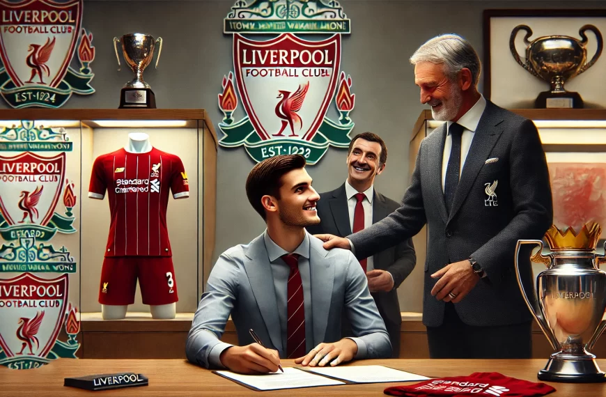 A footballer signing a new contract with Liverpool. The scene shows the player in a smart outfit, for Liverpool Football Club