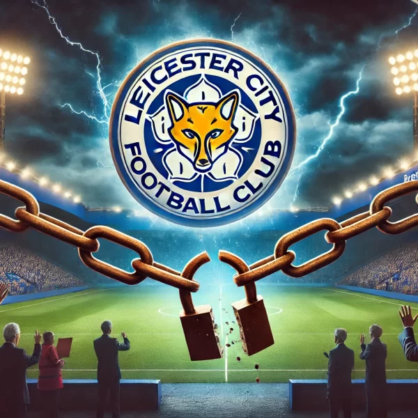 Leicester City football club emblem with a backdrop of a Premier League stadium