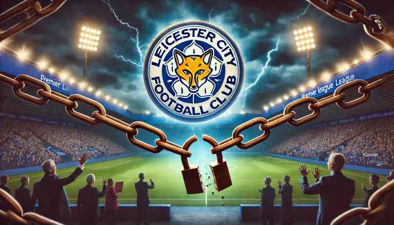 Leicester City football club emblem with a backdrop of a Premier League stadium