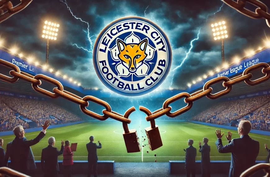 Leicester City football club emblem with a backdrop of a Premier League stadium