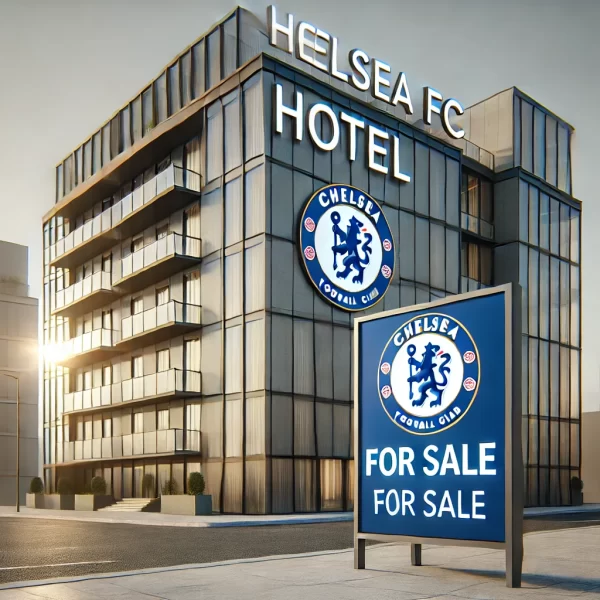 modern and luxurious hotel building with Chelsea FC branding,