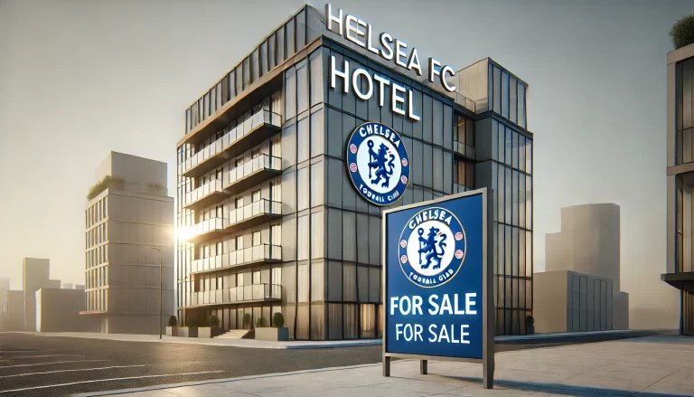 modern and luxurious hotel building with Chelsea FC branding,