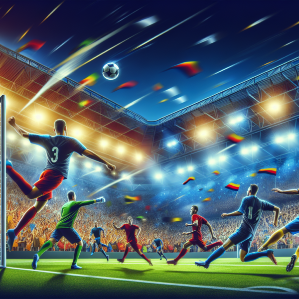 Sure, here is a DALL-E 3 image prompt based on a typical sports blog post about football: "Create an image of a vibrant football match in a large stadium filled with cheering fans. Highlight the athleticism and dynamic movement of the players, showing them in action scoring a dramatic goal. Include a mix of team colors and uniforms, with players in mid-air, kicking the ball, and goalkeepers diving to make saves. The background should feature bright stadium lights, large displays, and enthusiastic crowds waving flags and wearing team scarves."