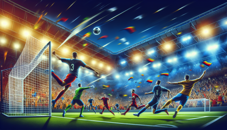 Sure, here is a DALL-E 3 image prompt based on a typical sports blog post about football: "Create an image of a vibrant football match in a large stadium filled with cheering fans. Highlight the athleticism and dynamic movement of the players, showing them in action scoring a dramatic goal. Include a mix of team colors and uniforms, with players in mid-air, kicking the ball, and goalkeepers diving to make saves. The background should feature bright stadium lights, large displays, and enthusiastic crowds waving flags and wearing team scarves."