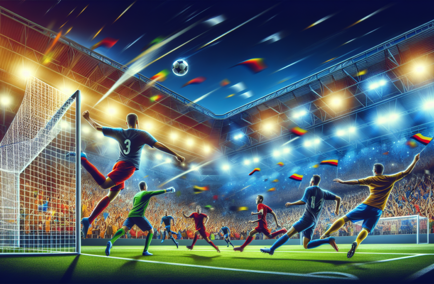 Sure, here is a DALL-E 3 image prompt based on a typical sports blog post about football: "Create an image of a vibrant football match in a large stadium filled with cheering fans. Highlight the athleticism and dynamic movement of the players, showing them in action scoring a dramatic goal. Include a mix of team colors and uniforms, with players in mid-air, kicking the ball, and goalkeepers diving to make saves. The background should feature bright stadium lights, large displays, and enthusiastic crowds waving flags and wearing team scarves."